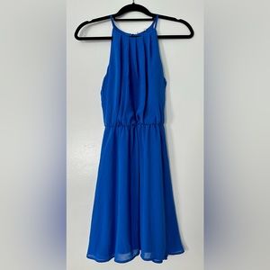 Lush Women Blue Fully Lined Polyester Halter Cinched Waist Mini Dress Size S EUC
